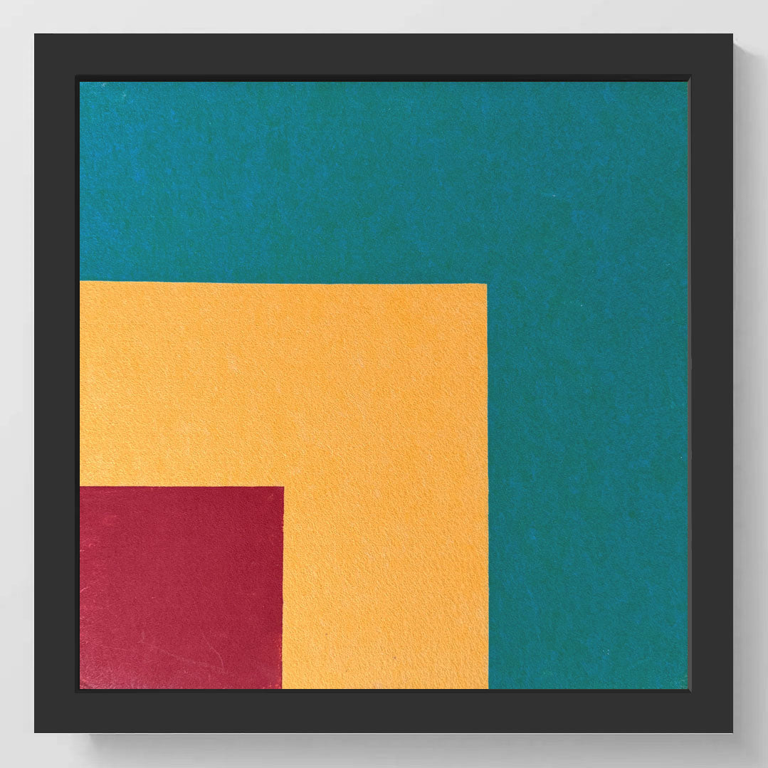 Framed abstract geometric wall art featuring a textured teal background with nested blocks of mustard yellow and deep burgundy, set in a black frame.