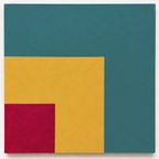 An abstract geometric square artwork featuring a large teal field, a mustard yellow square offset to the left and bottom, and a smaller magenta-pink square in the lower left corner.