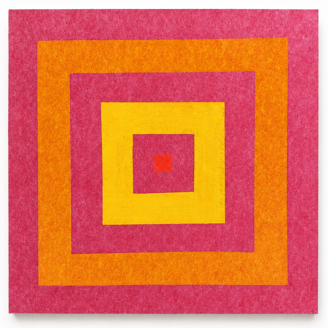 A square abstract geometric artwork made of concentric textured squares in pink, orange, yellow, and a small red center, shown against a plain white background.