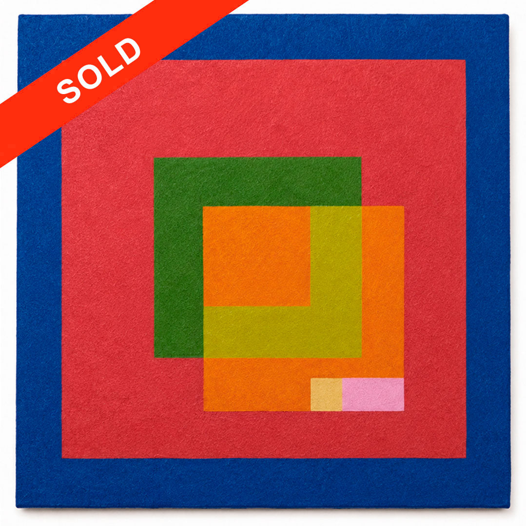 A square abstract art print or textile-style design with concentric colored squares: a blue outer border, a large red field, and overlapping green, yellow-green, orange, beige, and pink blocks in the center. A red diagonal 'SOLD' banner overlays the top-left corner.