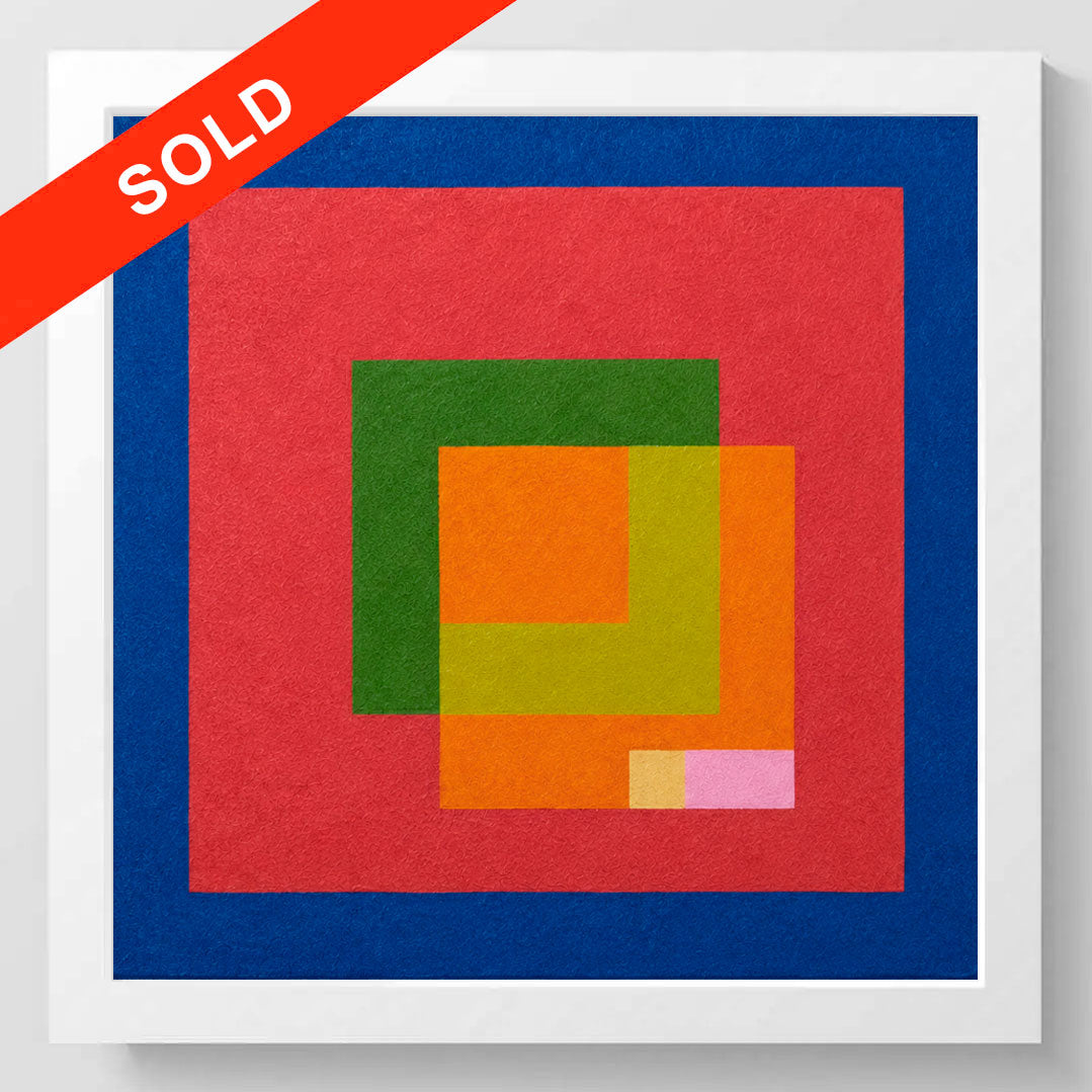 A framed abstract geometric art print featuring concentric squares and overlapping color blocks in red, blue, green, yellow, orange, beige, and pink, with a red diagonal 'SOLD' banner overlay.