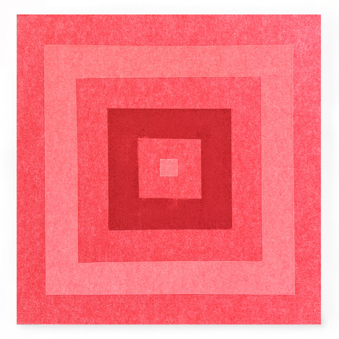 A square abstract art print featuring concentric squares in shades of pink, red, and coral on a white background.