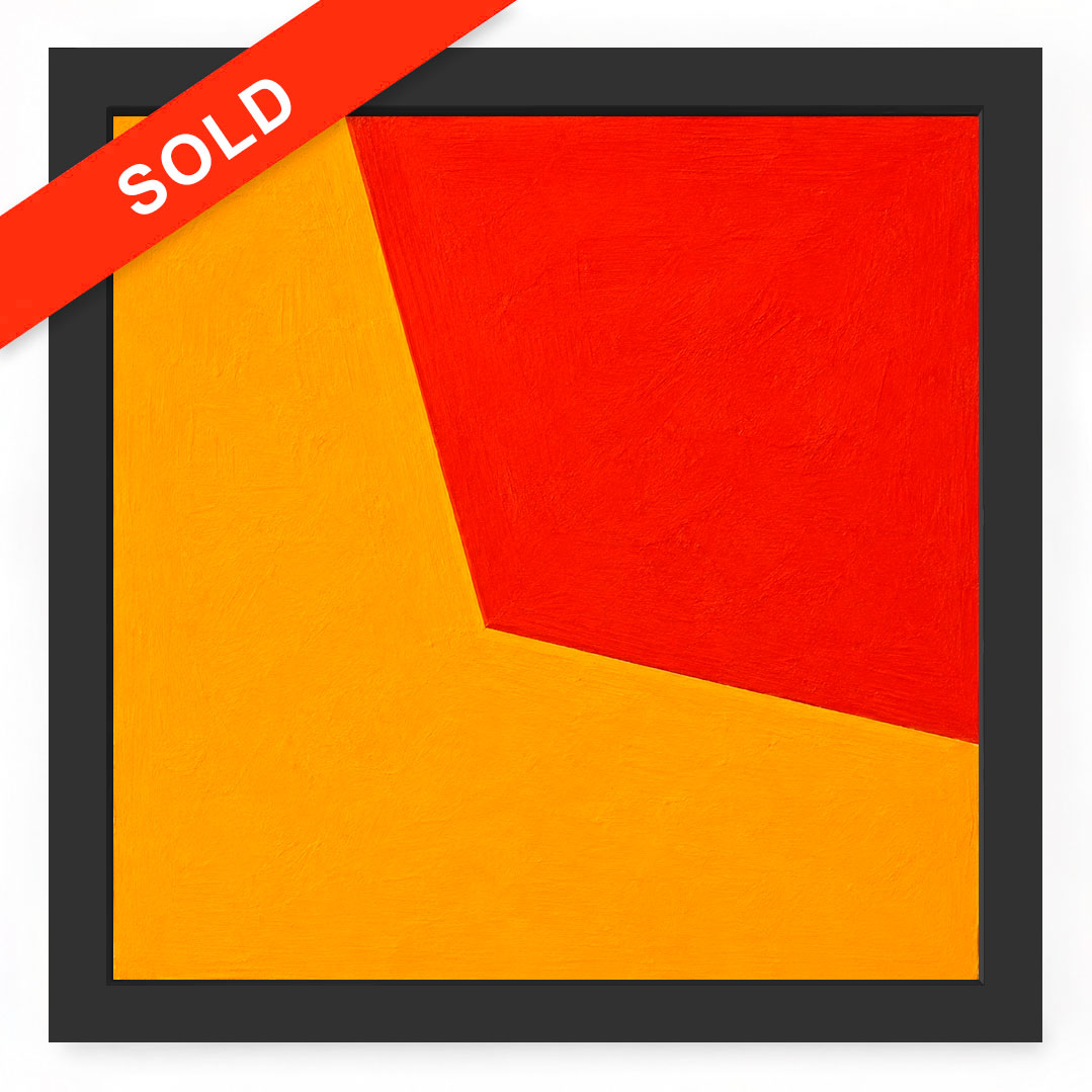 A square abstract art print or canvas with a thick black frame, featuring a geometric design of red and orange sections, with a red diagonal 'SOLD' ribbon overlay in the top-left corner.