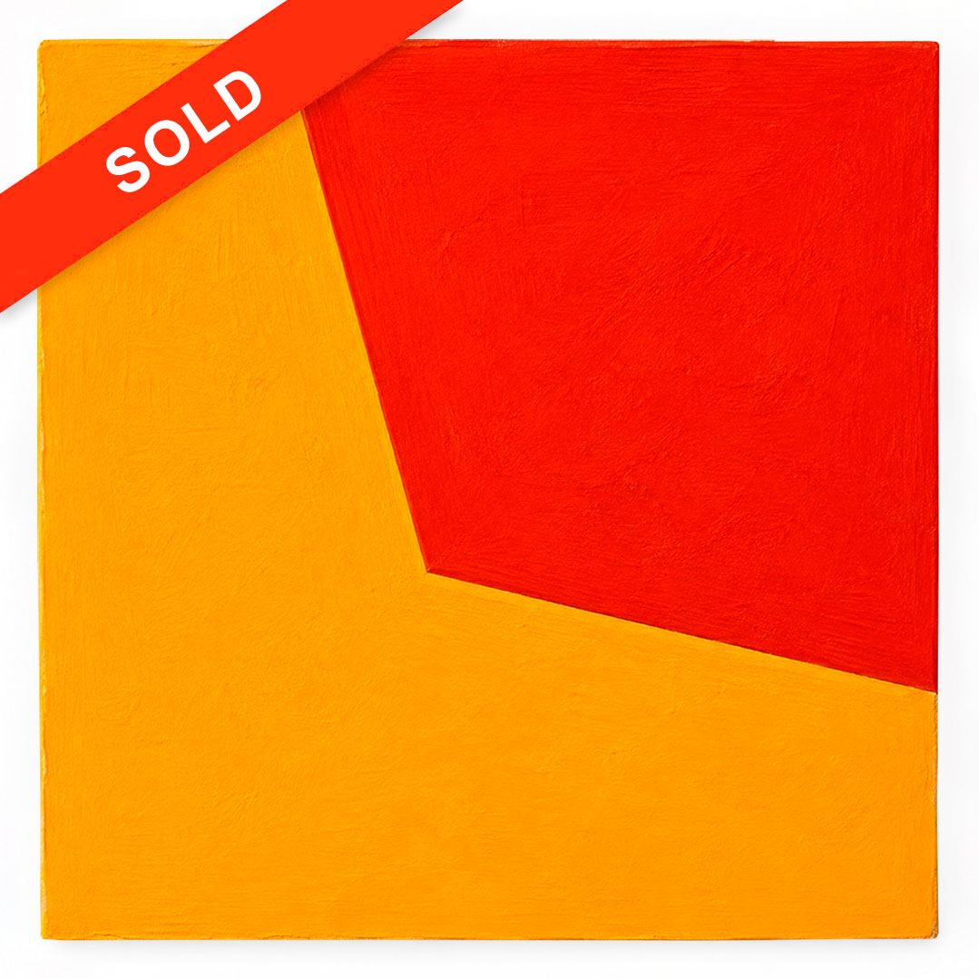 A square abstract painting with a bold geometric design, featuring a large red shape in the upper right and a large yellow-orange shape in the lower left, separated by a diagonal line. A red diagonal banner with the word 'SOLD' in white is overlaid in the top-left corner.