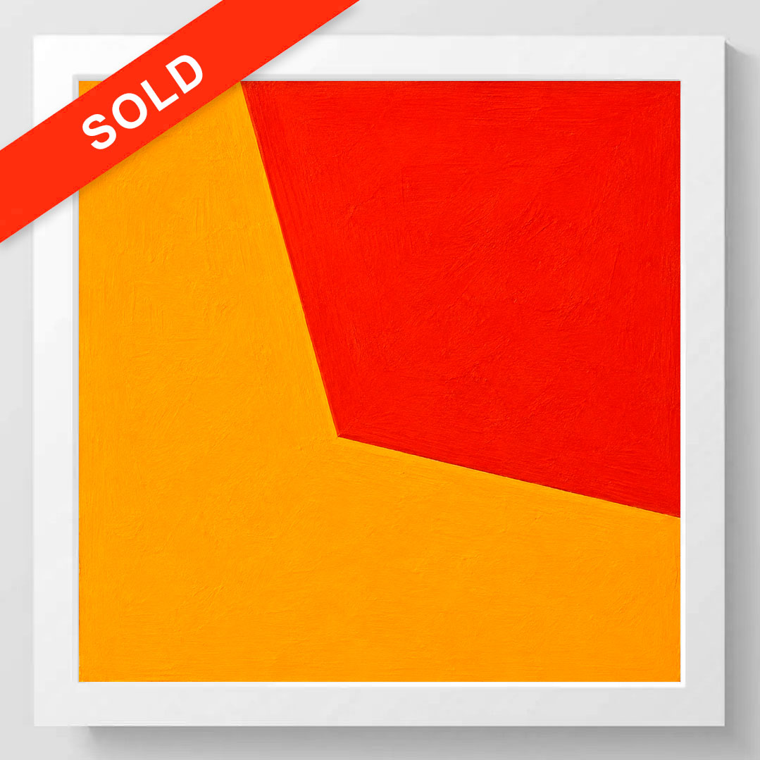 A square abstract wall art print with a white frame, featuring a bold geometric design in bright red and orange. A red diagonal 'SOLD' ribbon overlay is positioned in the top-left corner.