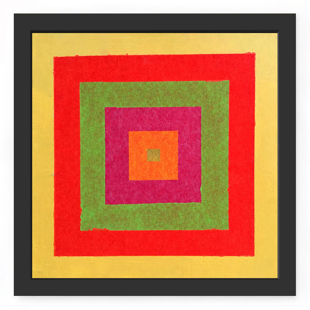 A framed abstract geometric art print featuring concentric squares in red, green, magenta, orange, and yellow on a white background.