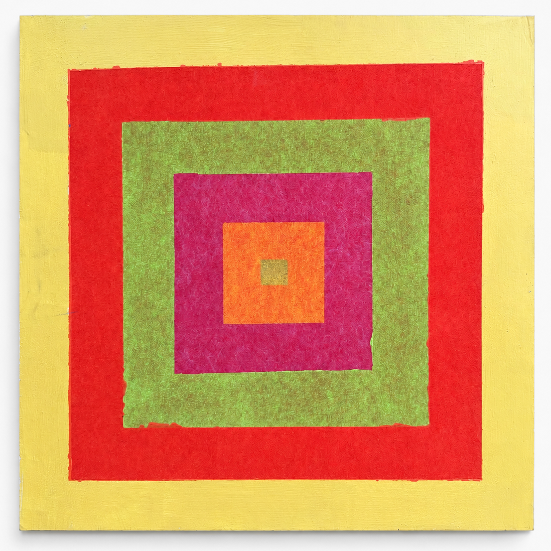 A square abstract artwork featuring concentric geometric squares in yellow, red, green, magenta, and orange on a white background.