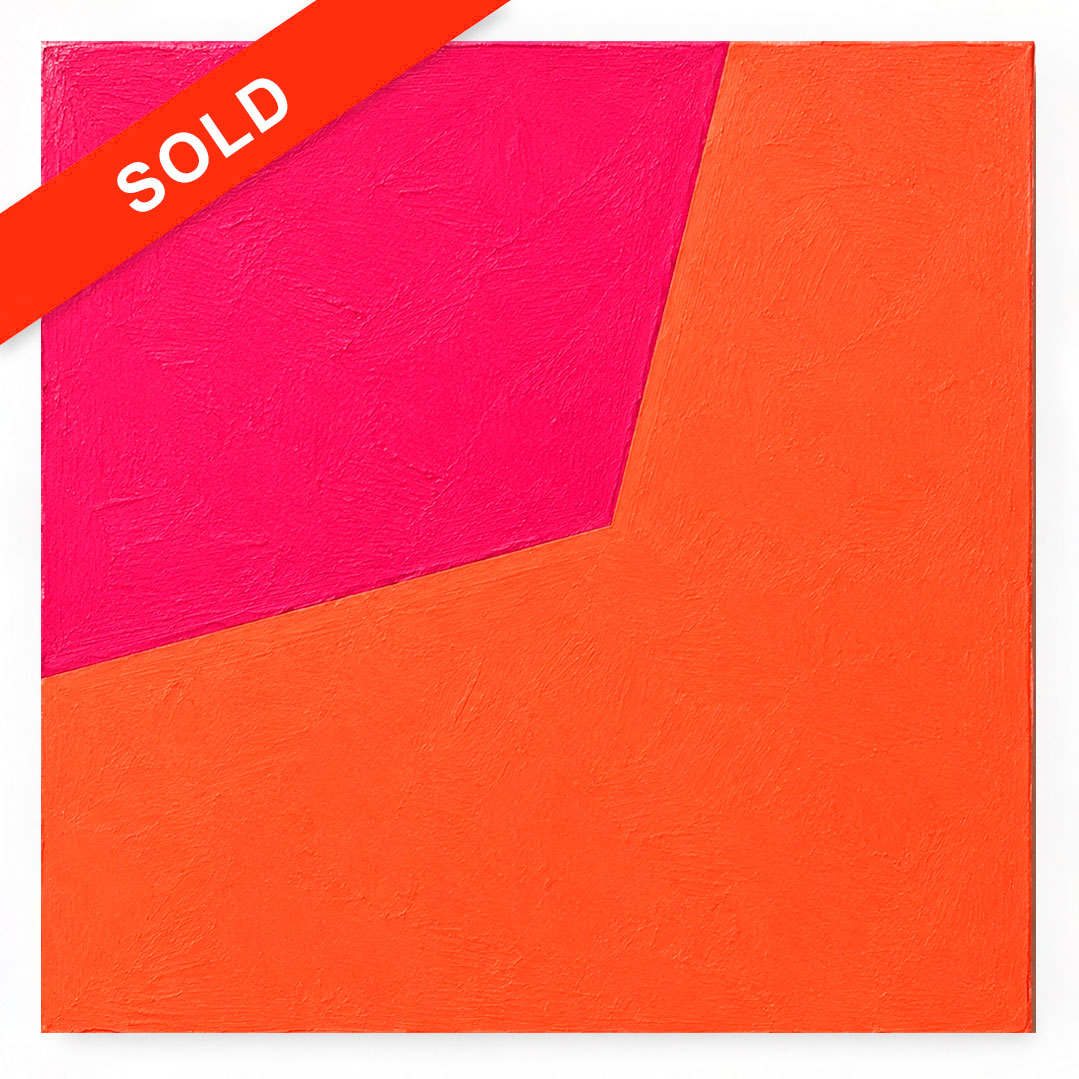 An abstract geometric painting featuring a large bright orange square with a bright pink triangular section in the upper left, overlaid with a red diagonal 'SOLD' banner.