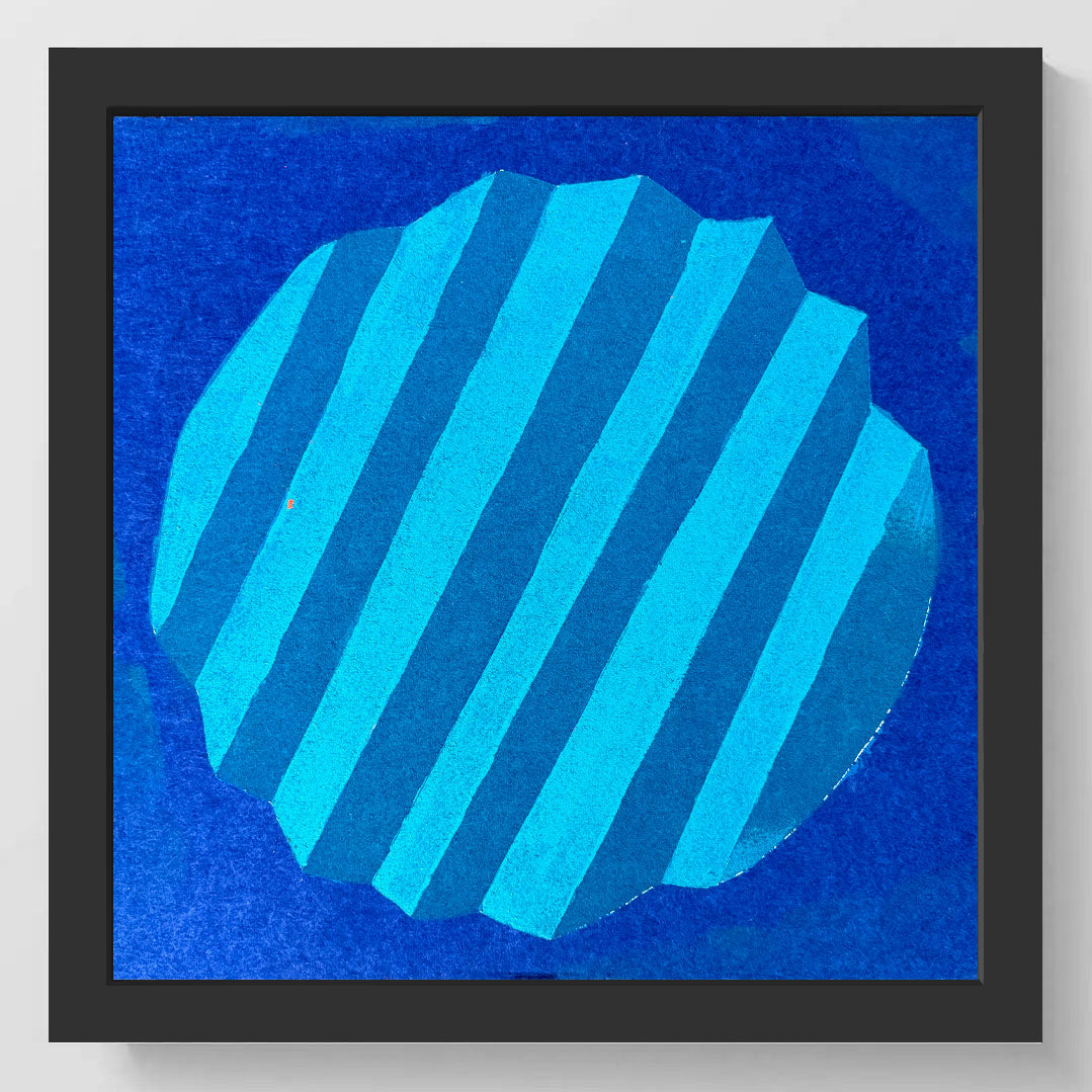 Framed abstract art print featuring a textured blue background with a central circular motif made of alternating light and dark blue diagonal stripes, enclosed in a black frame.