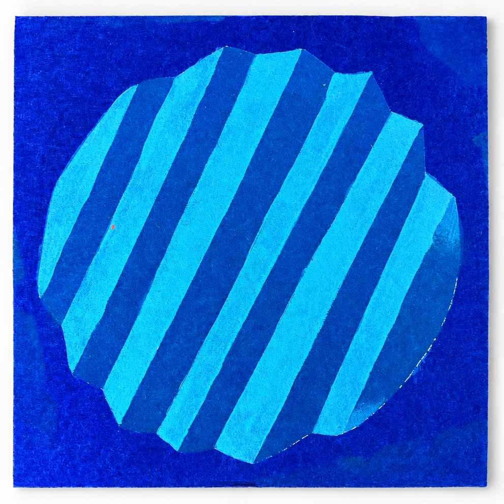 An abstract square artwork featuring a large scalloped oval shape filled with alternating bright cyan and deep blue stripes, set against a saturated royal blue textured background.