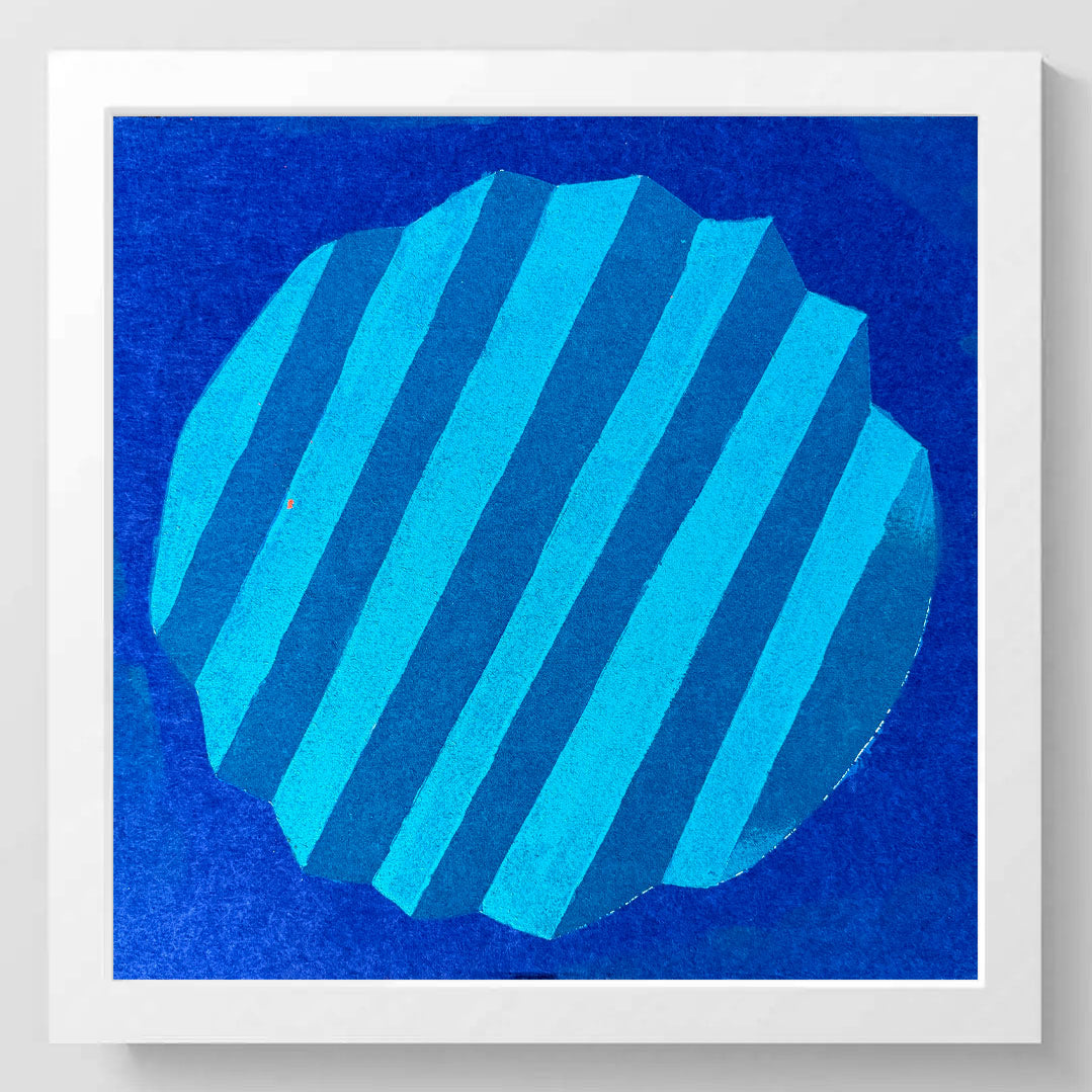 An abstract square artwork featuring a large scalloped oval shape filled with alternating bright cyan and deep blue stripes, set against a saturated royal blue textured background, set in a white frame.