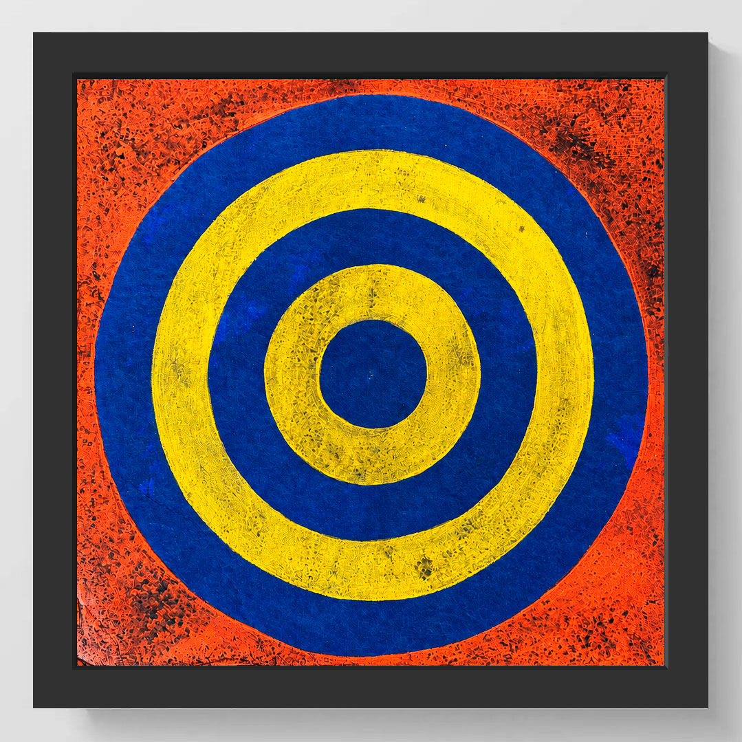 Framed square wall art featuring concentric target-like circles in blue and yellow on a textured orange-red background, shown against a light gray wall.