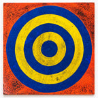 A square abstract artwork featuring concentric circles in blue and yellow on a textured orange-red background with black speckling.