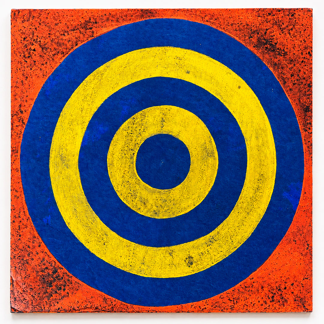 A square abstract artwork featuring concentric circles in blue and yellow on a textured orange-red background with black speckling.