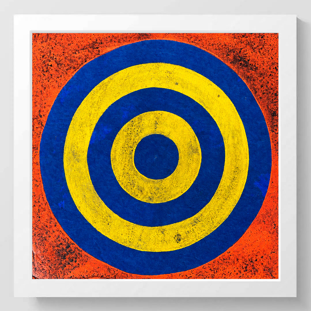 Framed square wall art featuring concentric target-like circles in blue and yellow on a textured orange-red background, shown in a white frame against a light gray wall.