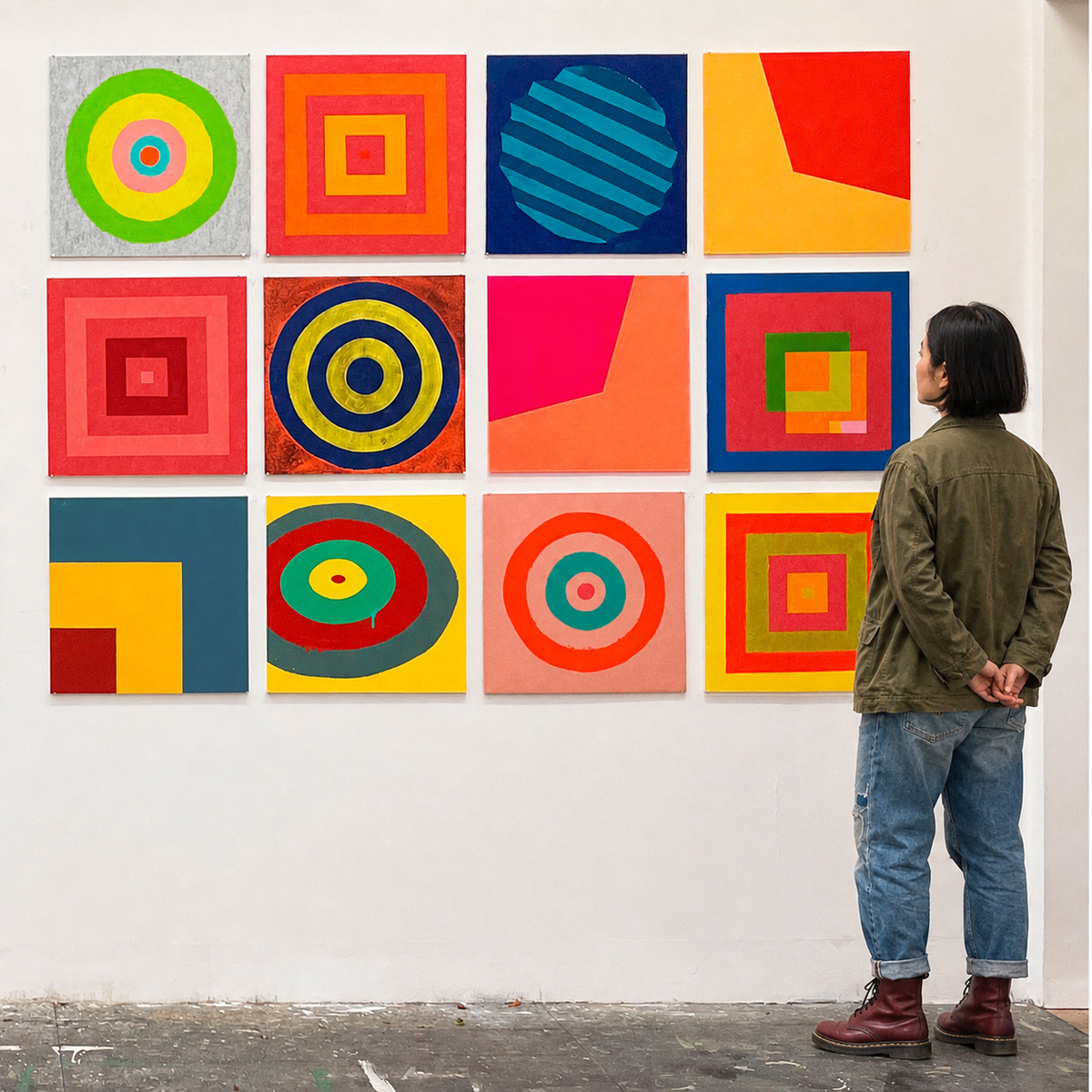 A person stands in a gallery or studio looking at a 3x4 grid of colorful abstract square artworks mounted on a white wall. The paintings feature bold geometric shapes, concentric circles, and color blocks in red, yellow, blue, green, orange, and pink.
