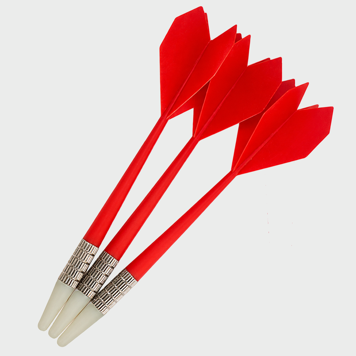 Three red darts with white tips and textured silver metal bands, arranged diagonally on a light gray background.